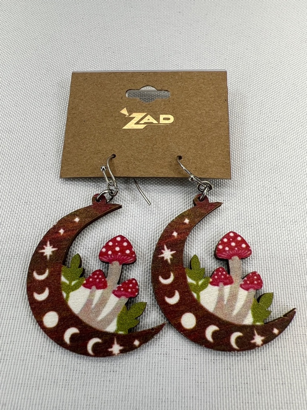 ZAD Crescent Moon Mushroom Dangle Wood Earrings Bohemian Brown, Red & Green